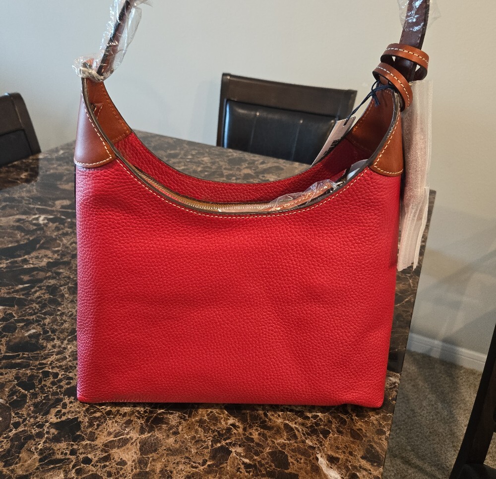 Dooney & Bourke Red Pebble Leather Shoulder Bag with Tan Trim - Picture 2 of 3